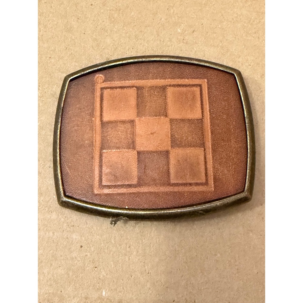 Vintage El Cid Belt Buckle Leather Inlay Geometric Checkerboard Brass Tone 3in - Picture 5 of 5